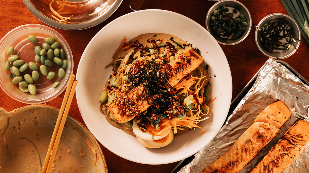 Dan Dan Soba Noodles with Miso Baked Salmon